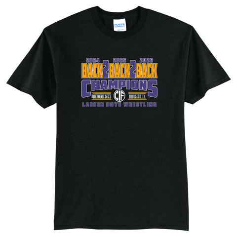 LASSEN WRESTLING - BACK 2 BACK 2 BACK CIF CHAMPIONS - PC55 Port & Co™ Core Blend Tee