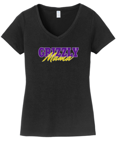GRIZZLY MAMA - LADIES  V Neck Tee - Black